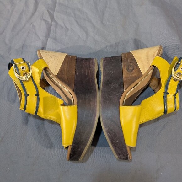 Michael Domit Yellow Leather Wood Platform Wedge Sandals - Picture 7 of 10